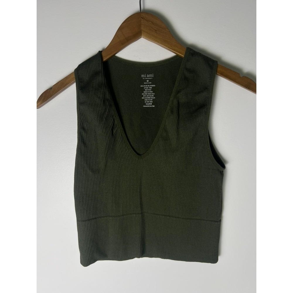 Mi Ami Tank Top M Green Ribbed V-Neck Crop Top Bra Athleisure Sporty Exercise